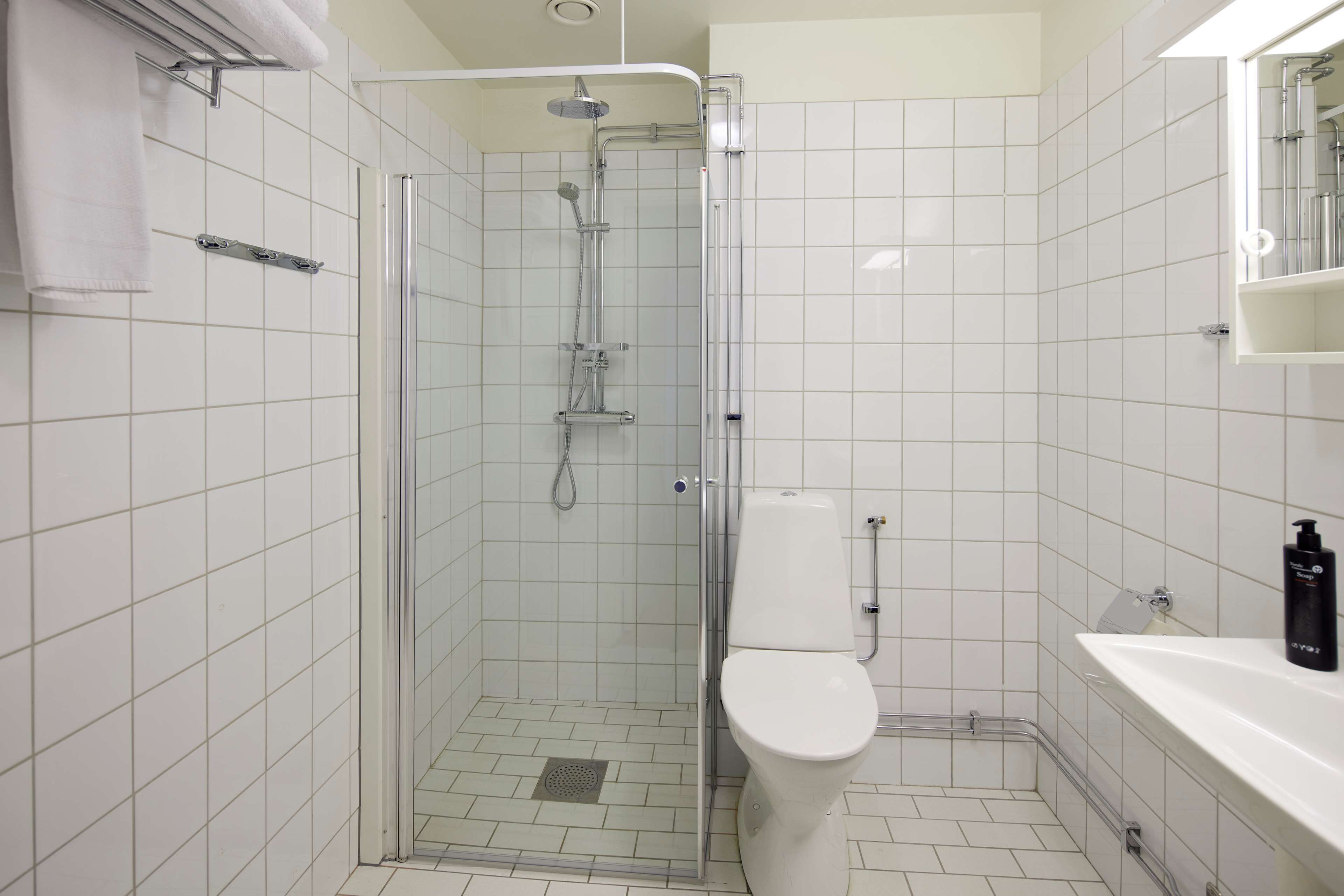 Un baño con ducha de vidrio, inodoro y lavabo con espejo.