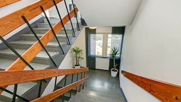 Una escalera con barandas de madera y vistas a una habitación con ventana y plantas en macetas.