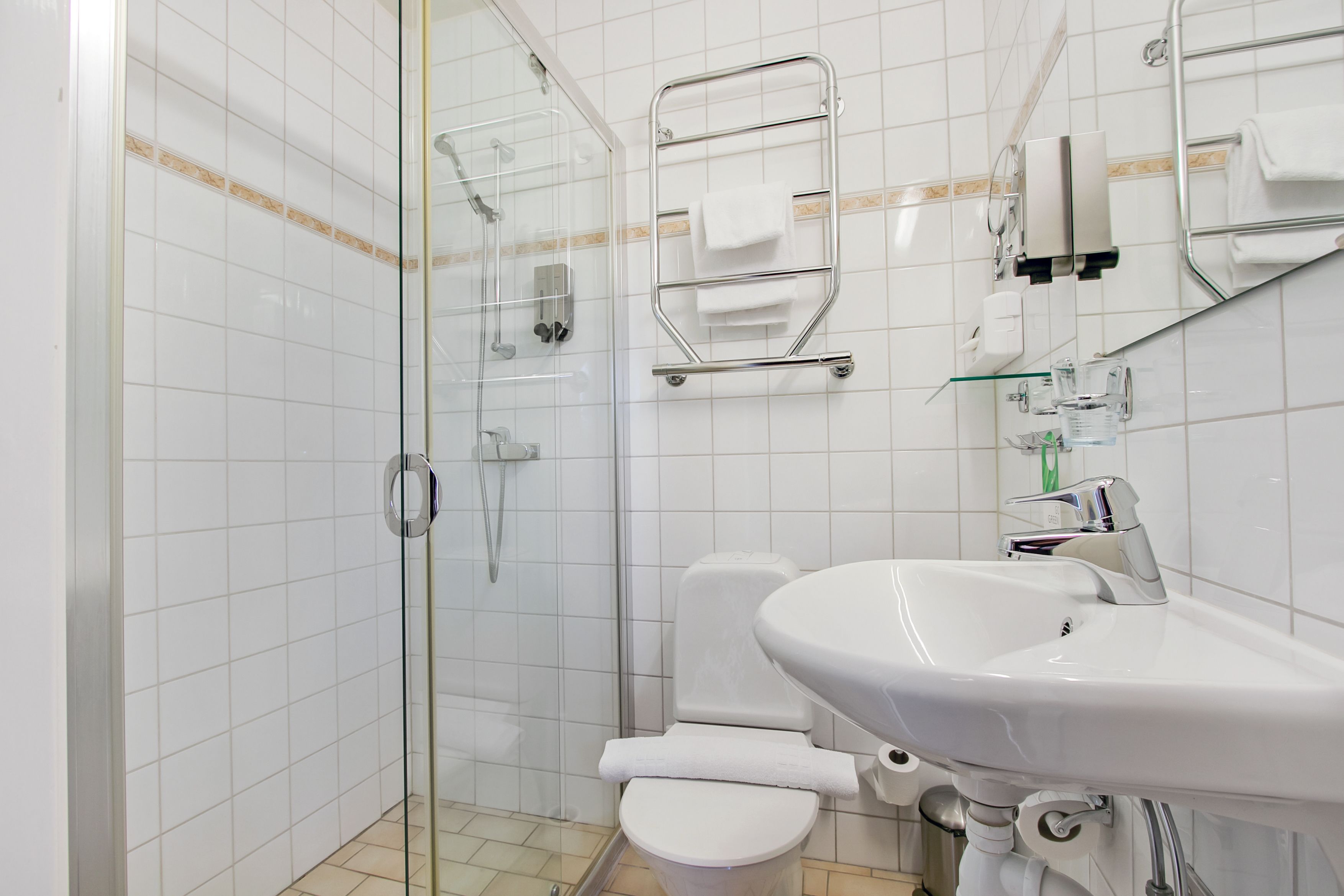 standard single room | bathroom | shower, free toiletries, hair dryer, towels