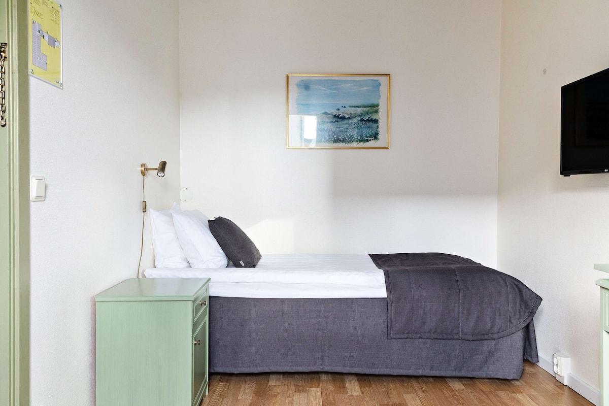 A single bed with a grey bedspread, a bedside lamp, a small green cabinet, and a framed painting on the wall.