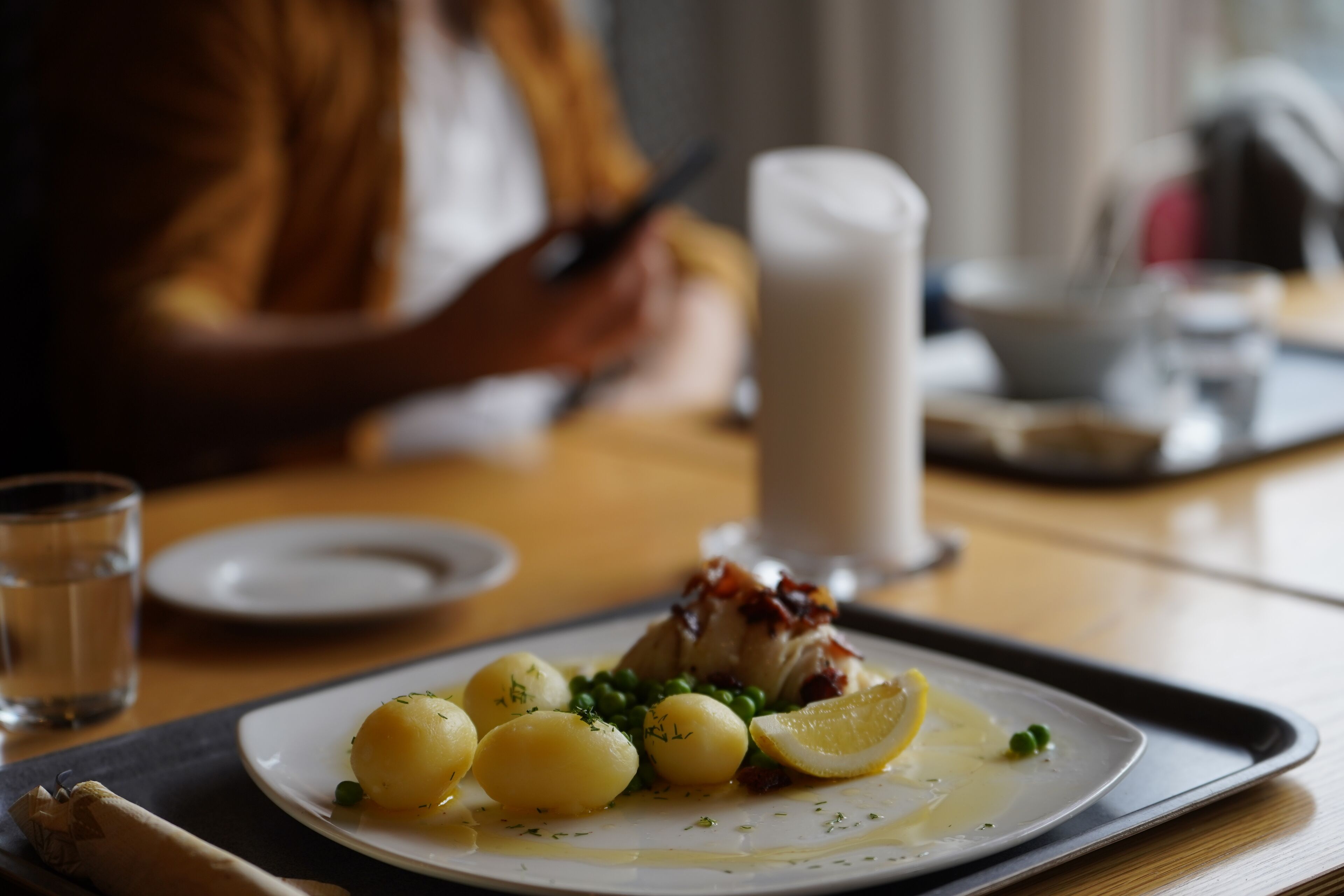 Ein Esstisch mit einem Teller Essen, einem Glas Wasser und einer Person, die ein Mobilgerät benutzt.