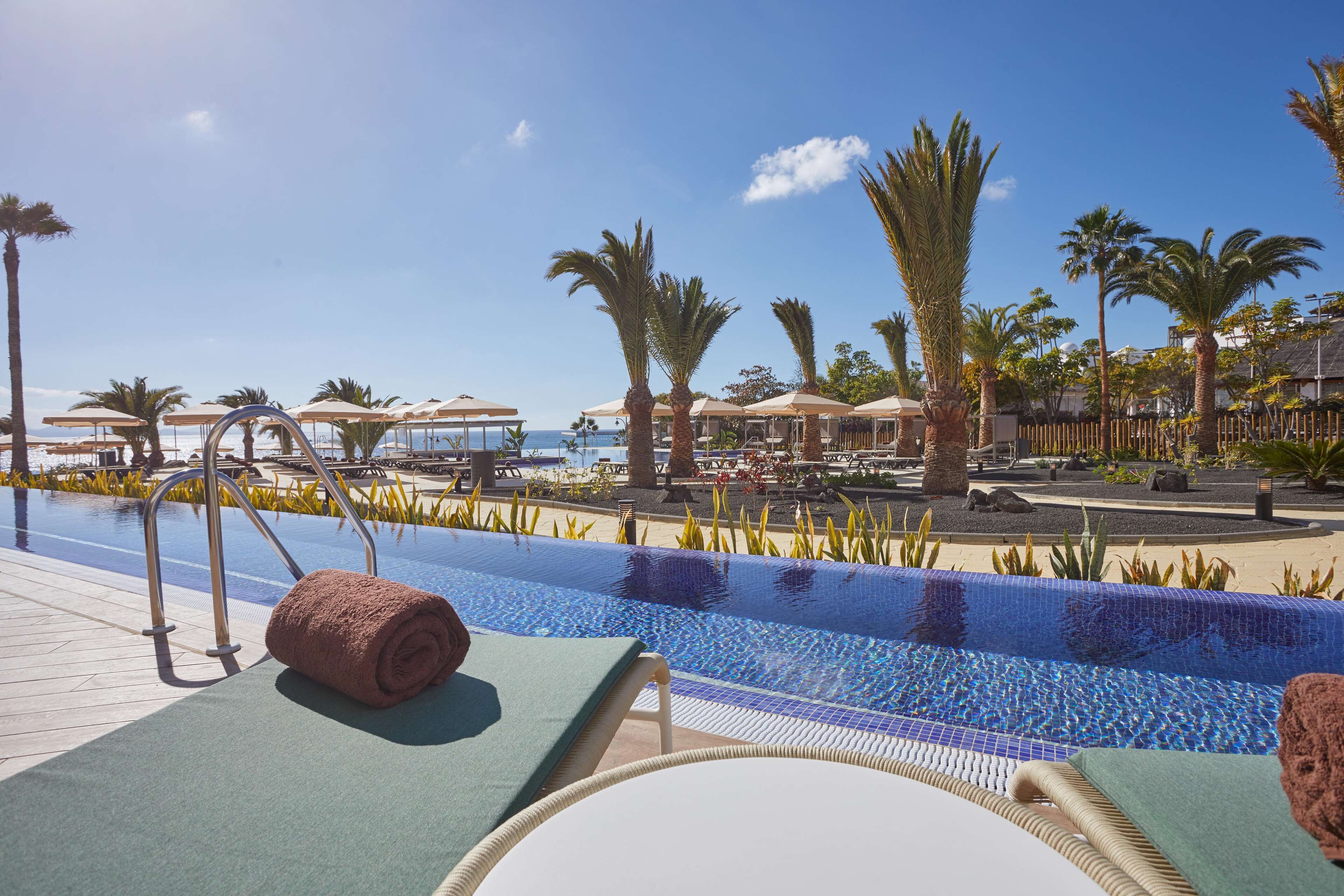 Un área de piscina con sillas de descanso, sombrillas y palmeras.