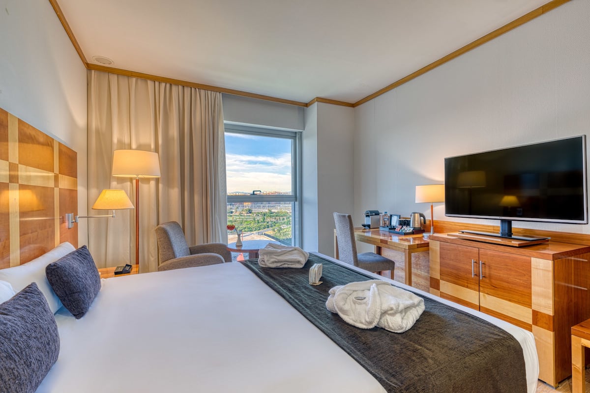 Une chambre d’hôtel avec un grand lit, un téléviseur à écran plat, un bureau avec une chaise, une lampe et une vue sur la ville.