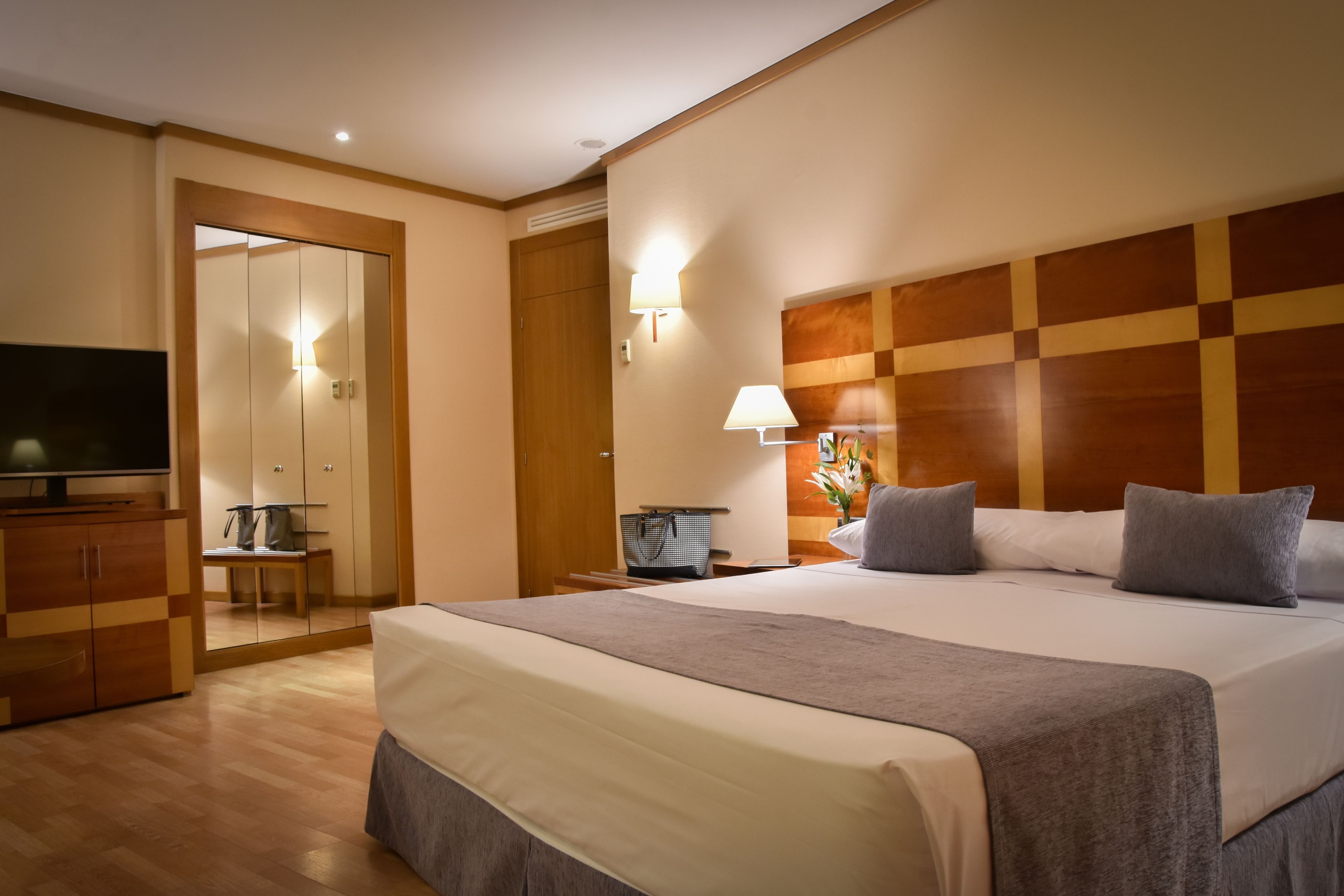 Ein Hotelzimmer mit einem großen Bett, einem Fernseher, einem Kleiderschrank und einem Spiegel.