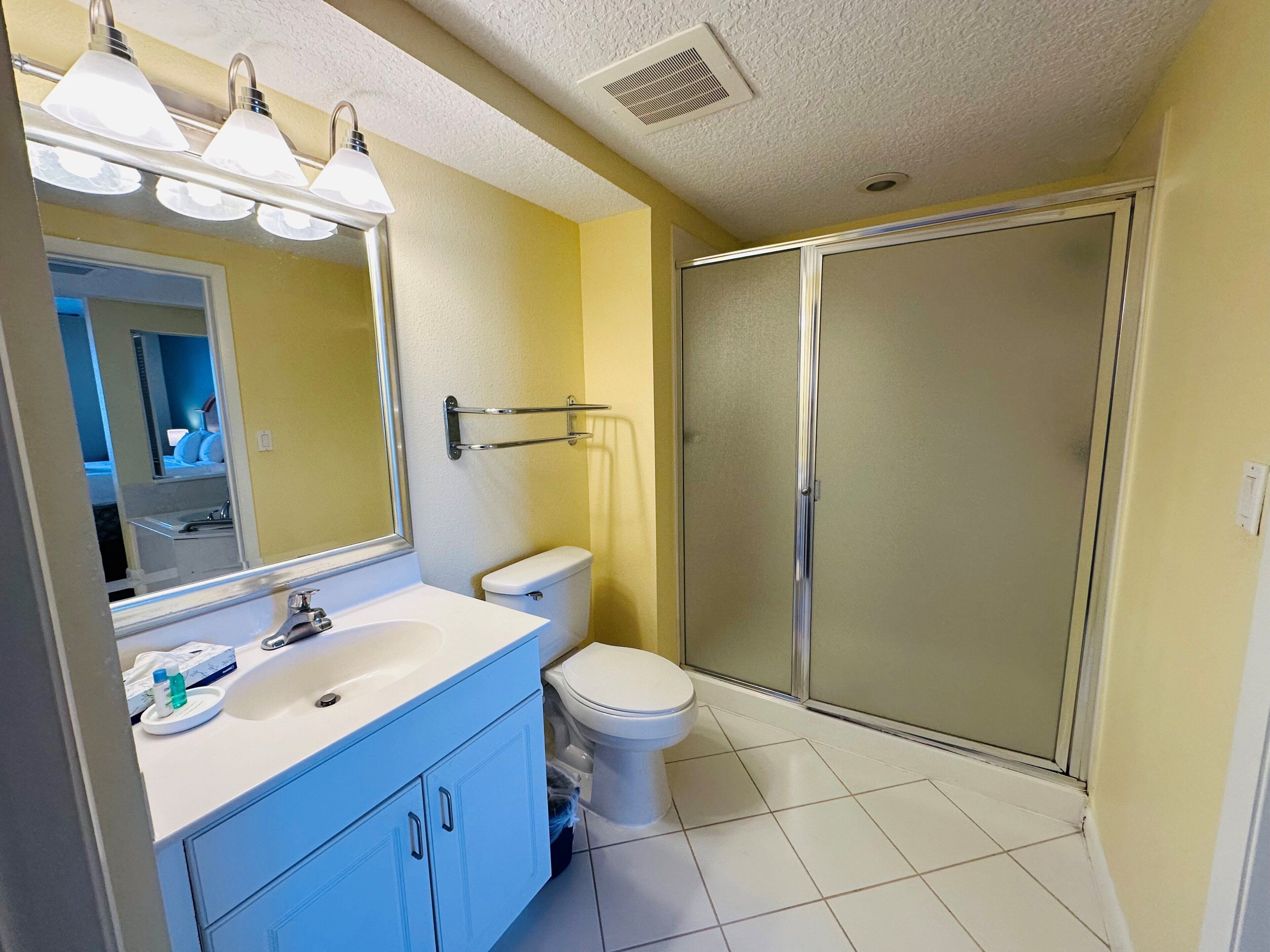 A bathroom with a white sink, mirror, and toilet. There is a shower with a glass door.