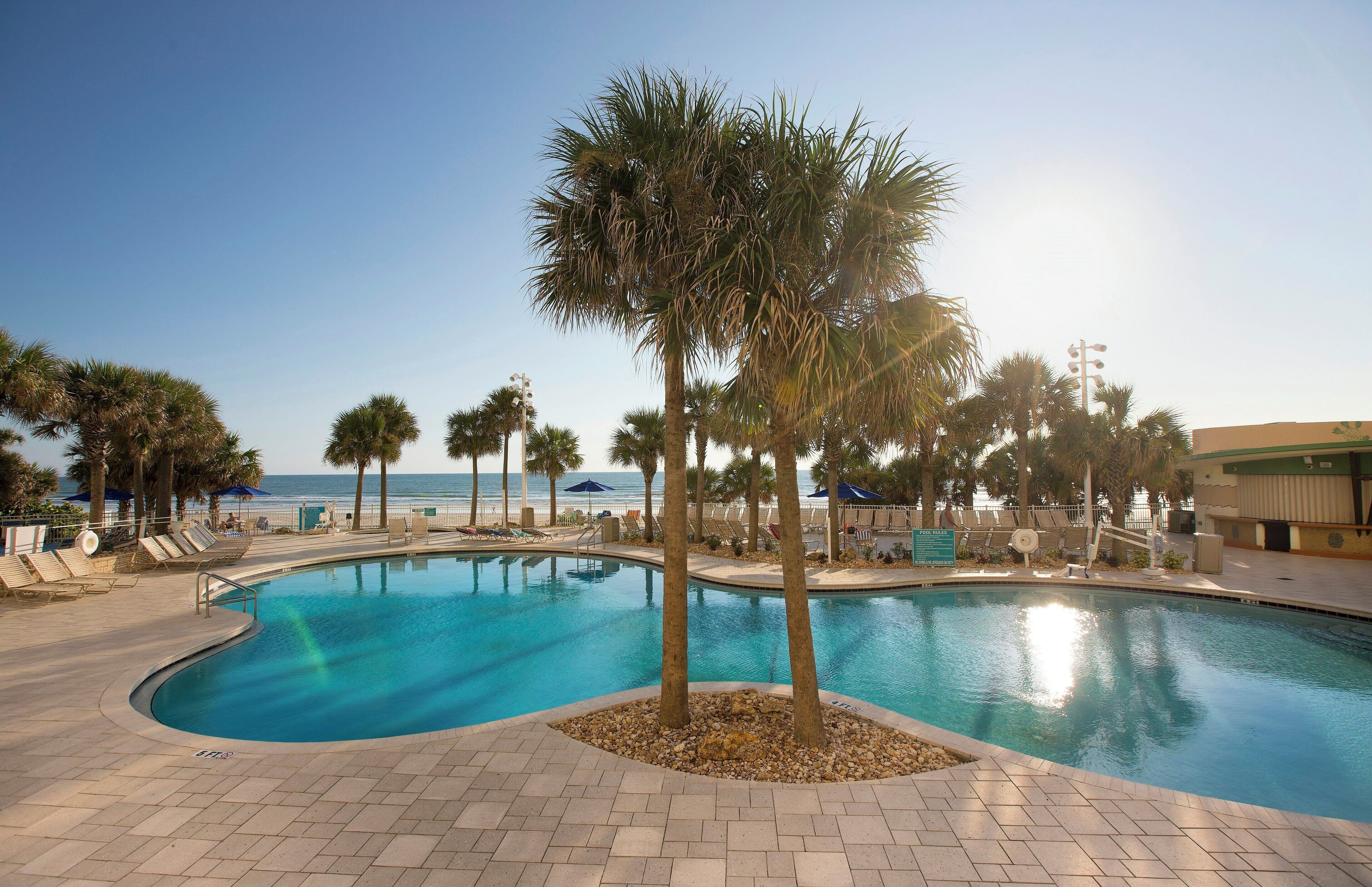 A swimming pool with palm trees, lounge chairs, and a view of the ocean.