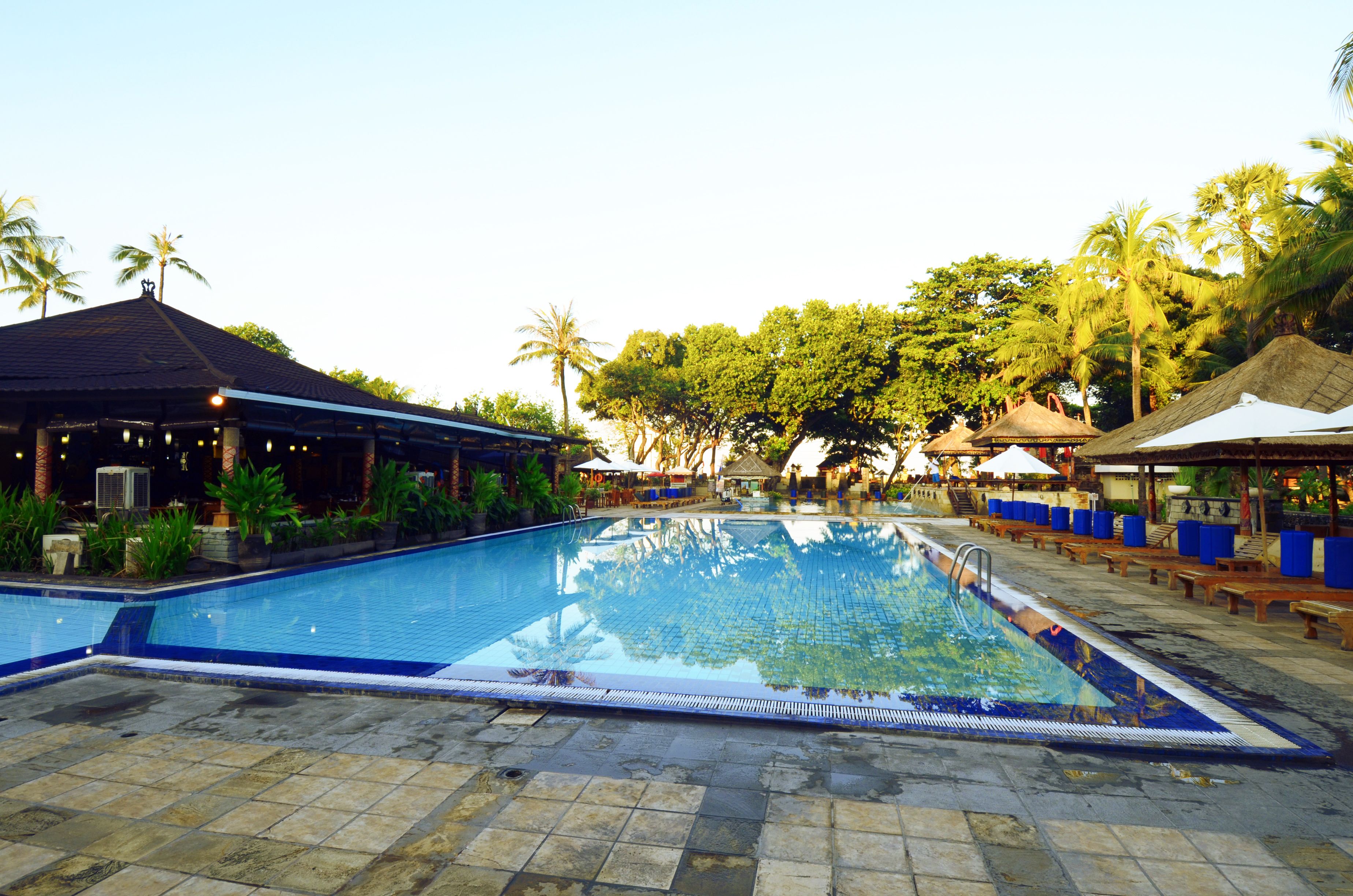 A swimming pool with a tiled deck, surrounded by palm trees and shaded areas with benches.