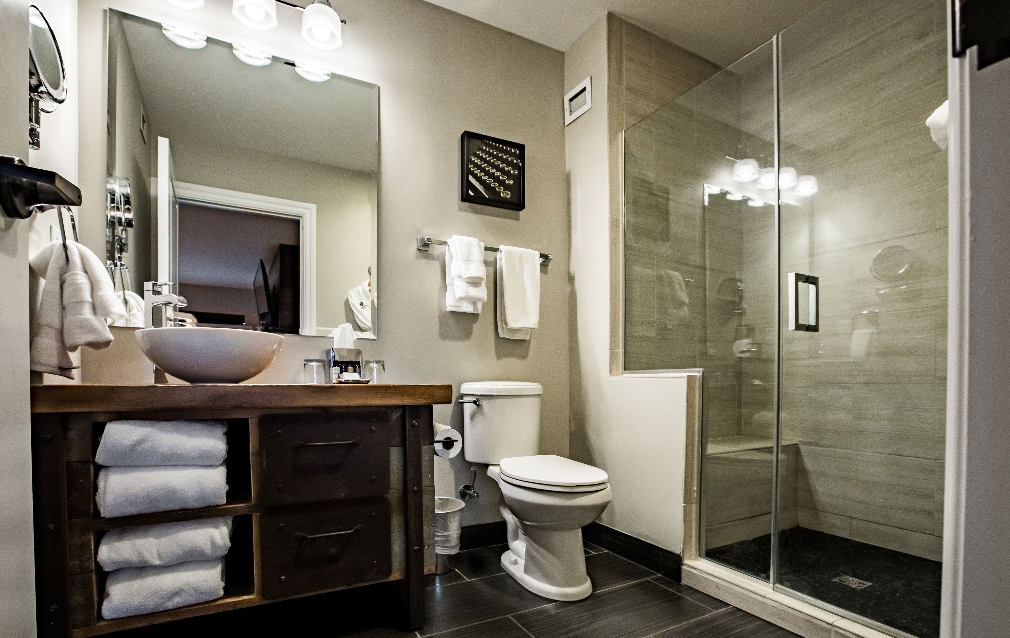 shower, designer toiletries, hair dryer, bathrobes