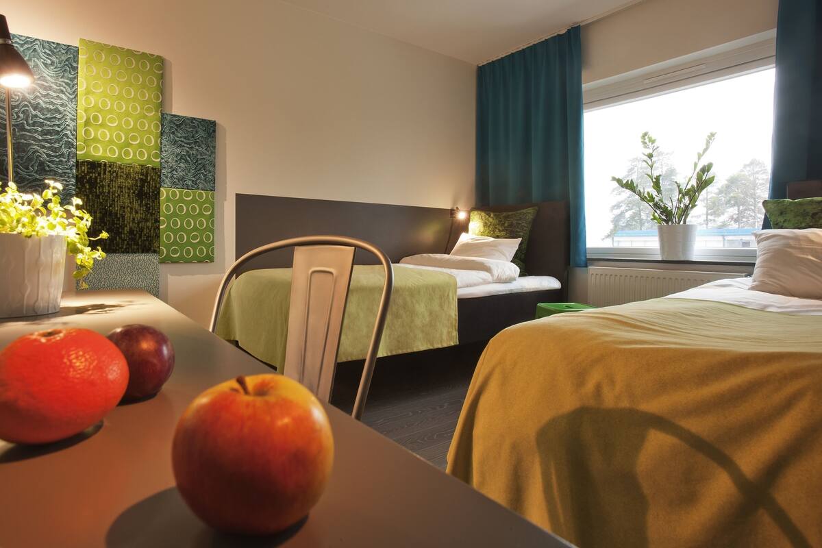 A hotel room with a bed, a desk with fruit, a chair, a lamp, and a window with curtains.