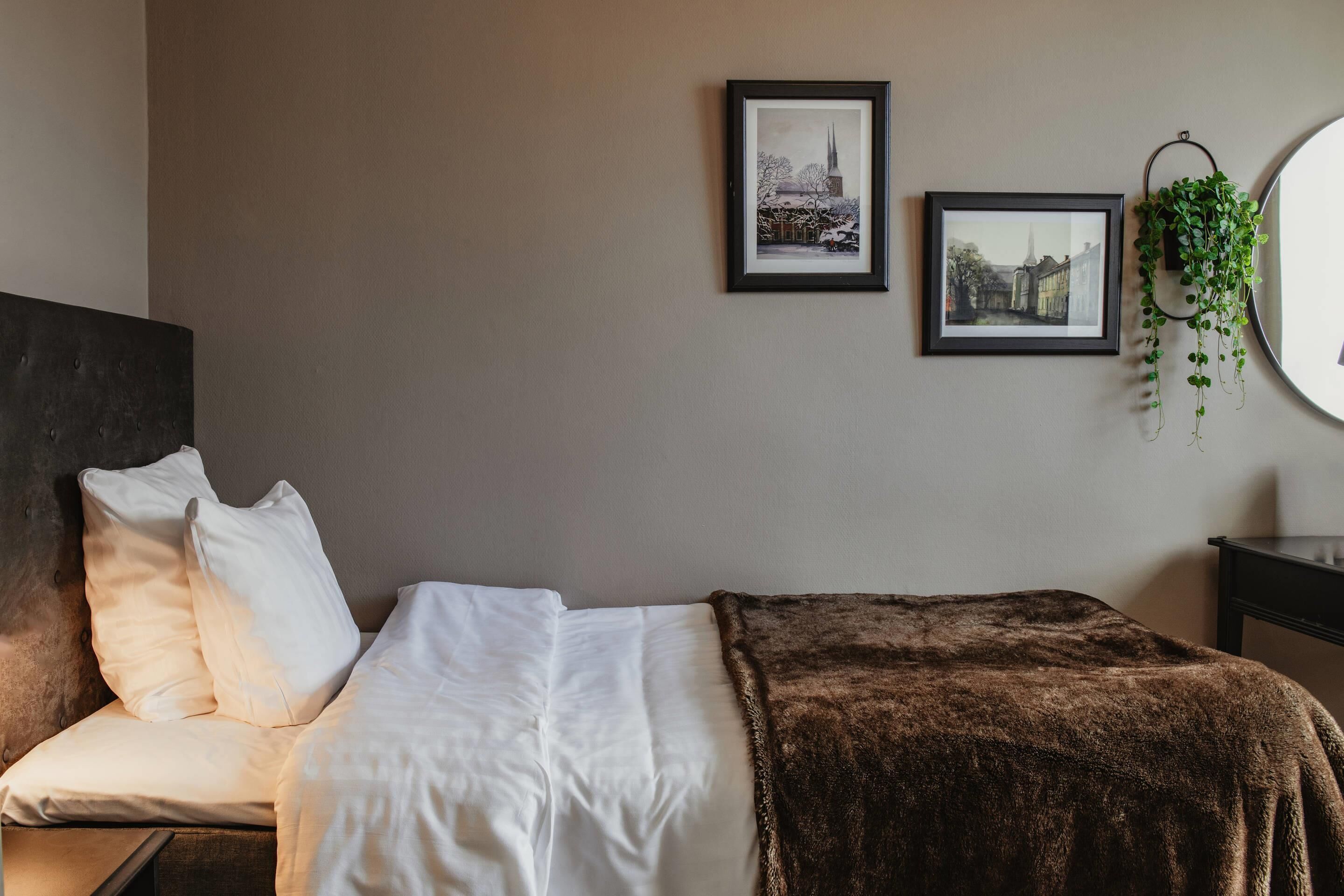 A neatly made bed with white linens and a brown blanket, a framed picture of a building on the wall, and a hanging plant.