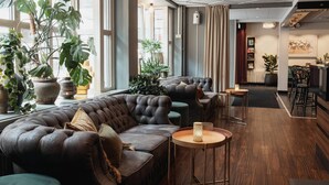 Un espacio lounge moderno con sofás de cuero, suelo de madera y grandes ventanales que dejan entrar luz natural.