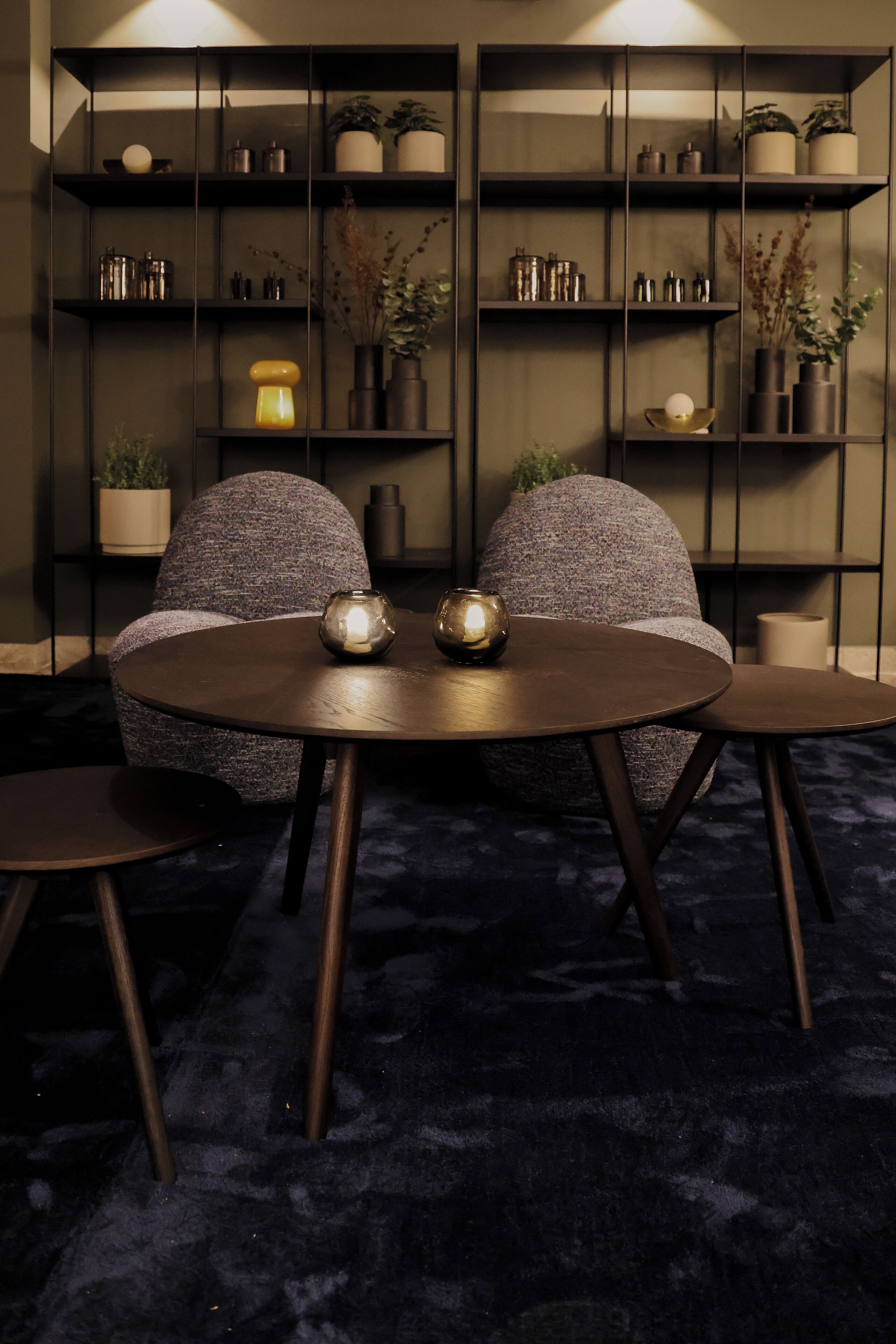 Une pièce avec une table ronde, deux chaises et un canapé. On y trouve des étagères remplies de divers objets et de plantes.