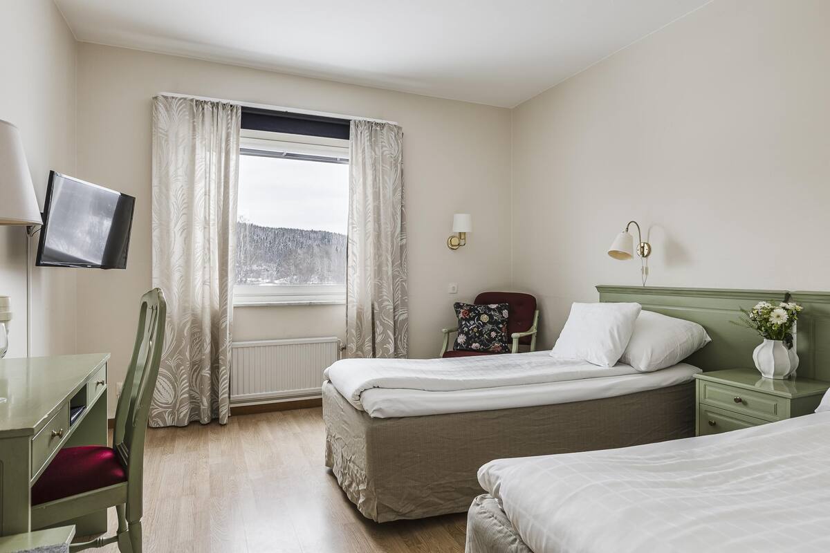 Habitación estándar, 2 camas individuales, para no fumadores | Tabla de planchar con plancha, wifi gratis, despertador y ropa de cama 