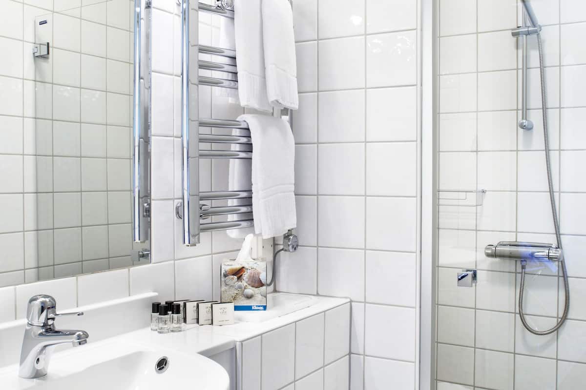 shower, eco-friendly toiletries, hair dryer, towels