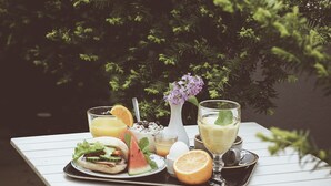 A table with a meal and drinks, surrounded by greenery.