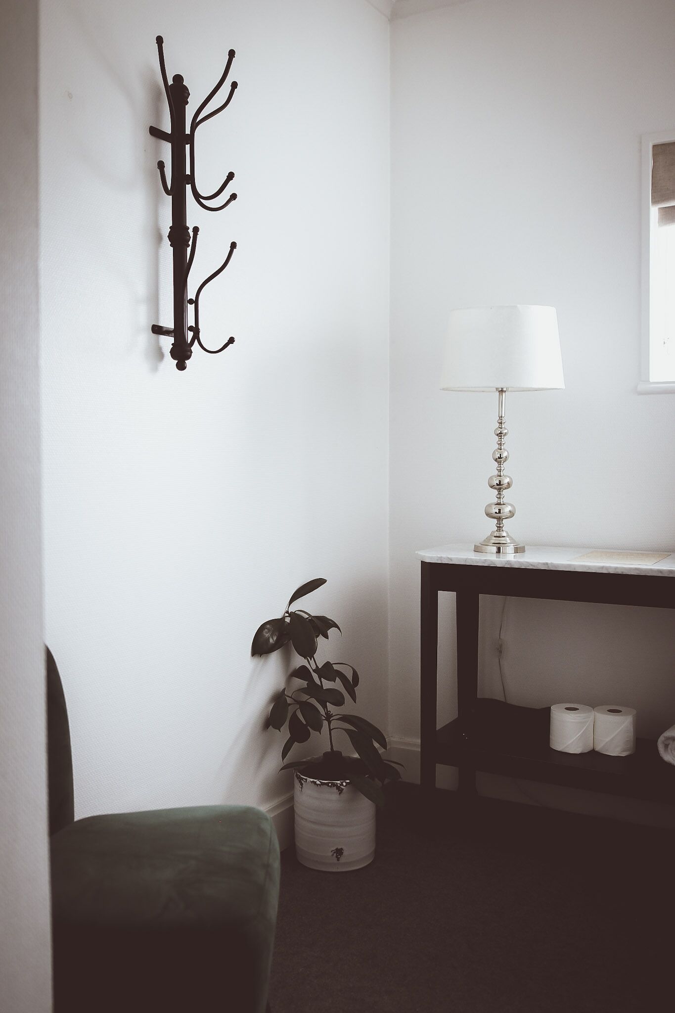 A room with a coat rack, a lamp, a plant, and a chair.