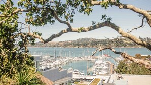 A marina with numerous boats docked, surrounded by greenery and hills in the background.