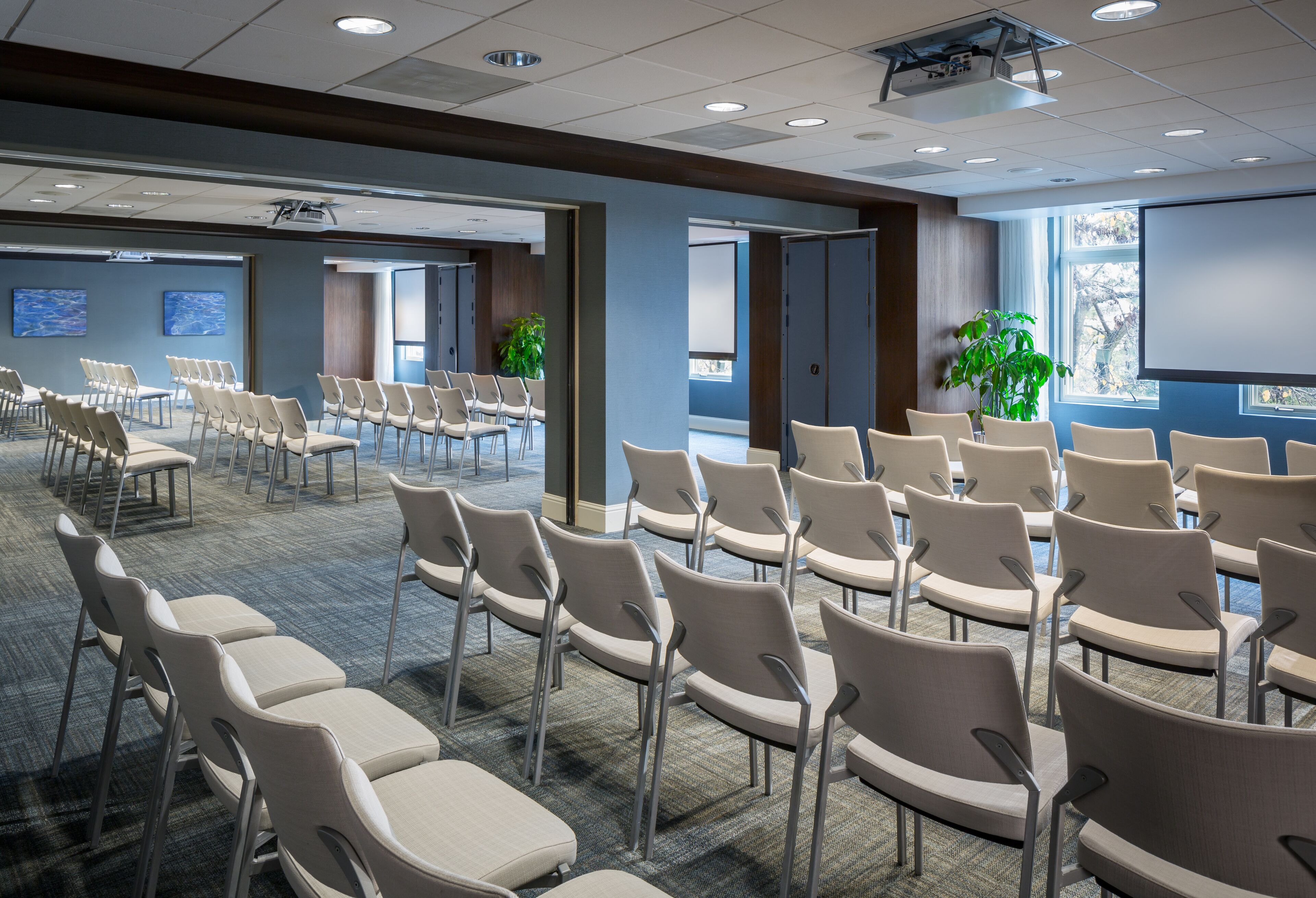 A conference room with rows of chairs, a projector screen, and a large window with a view of trees.
