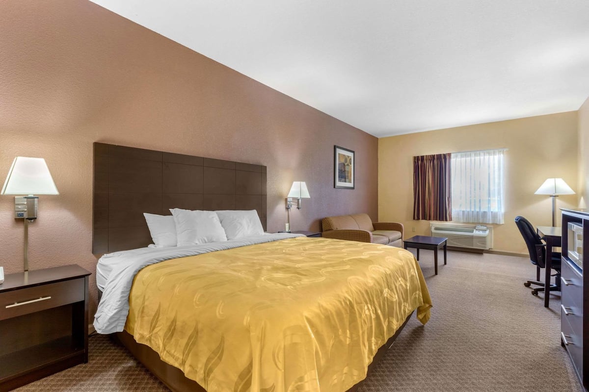 Una habitación de hotel con una cama grande, un escritorio, una silla y un televisor.