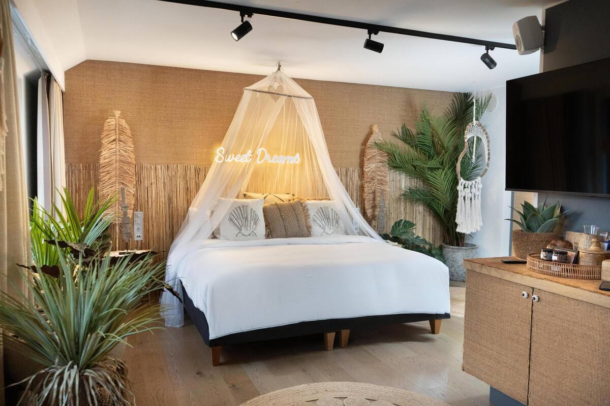 A bedroom with a canopy bed, a TV, and a wall-mounted shelf.
