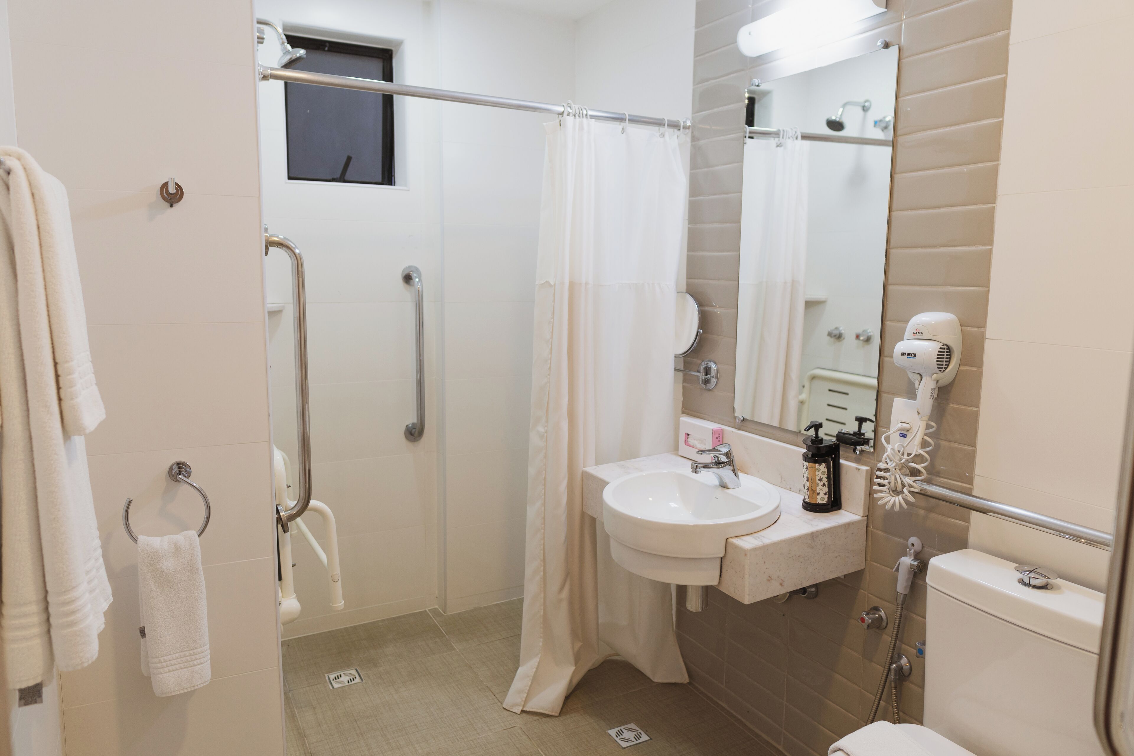 standard double room, 1 queen bed with sofa bed, mobility accessible, balcony | bathroom | shower, eco-friendly toiletries, hair dryer, towels