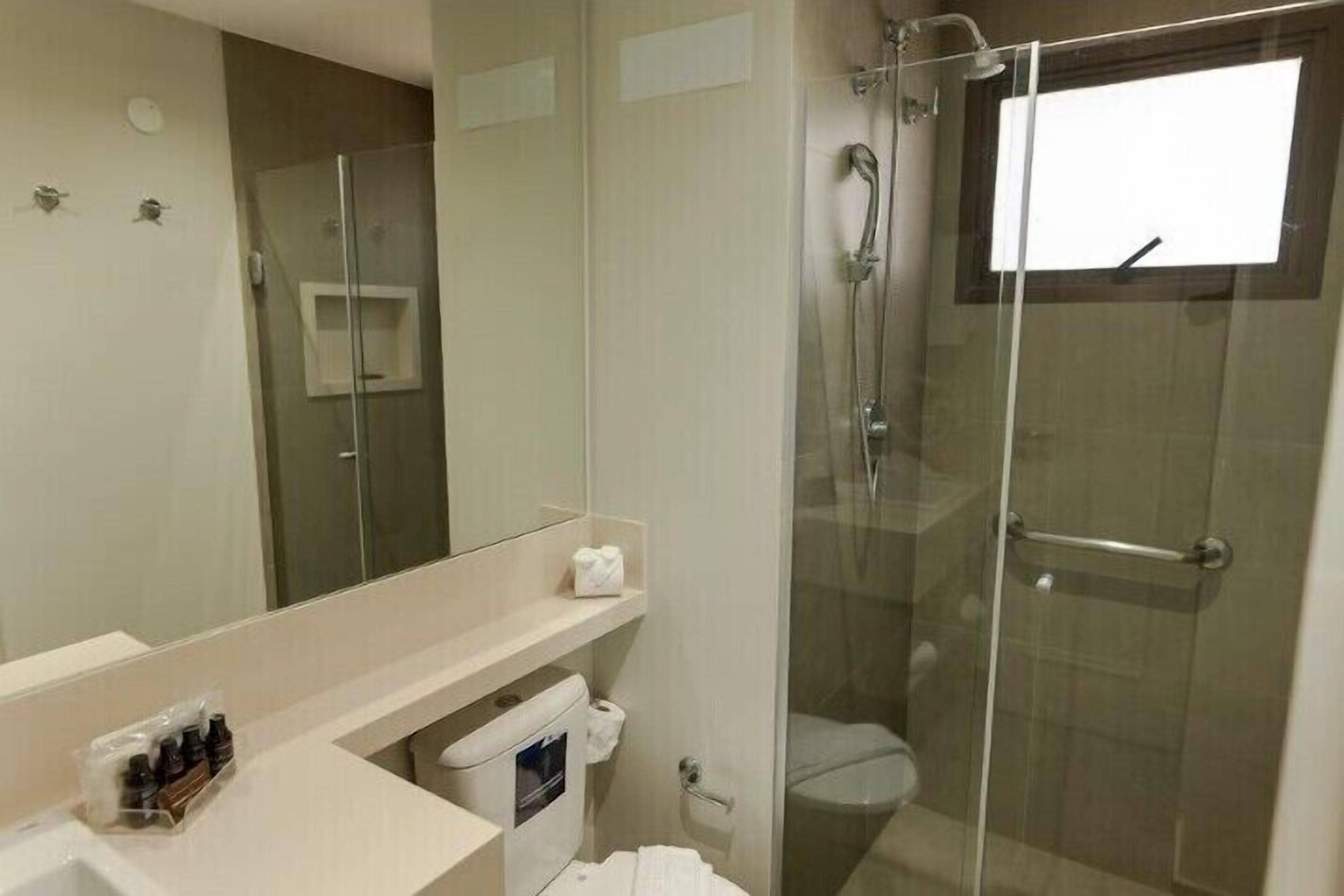 A modern bathroom with a glass-enclosed shower, a toilet, and a sink with toiletries.