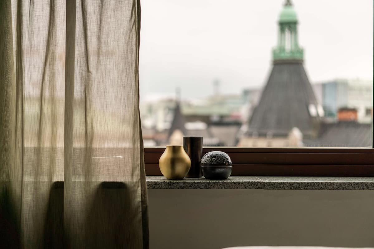 Ein Fenster mit Blick auf eine Stadtansicht, darunter ein Gebäude mit Gründach.