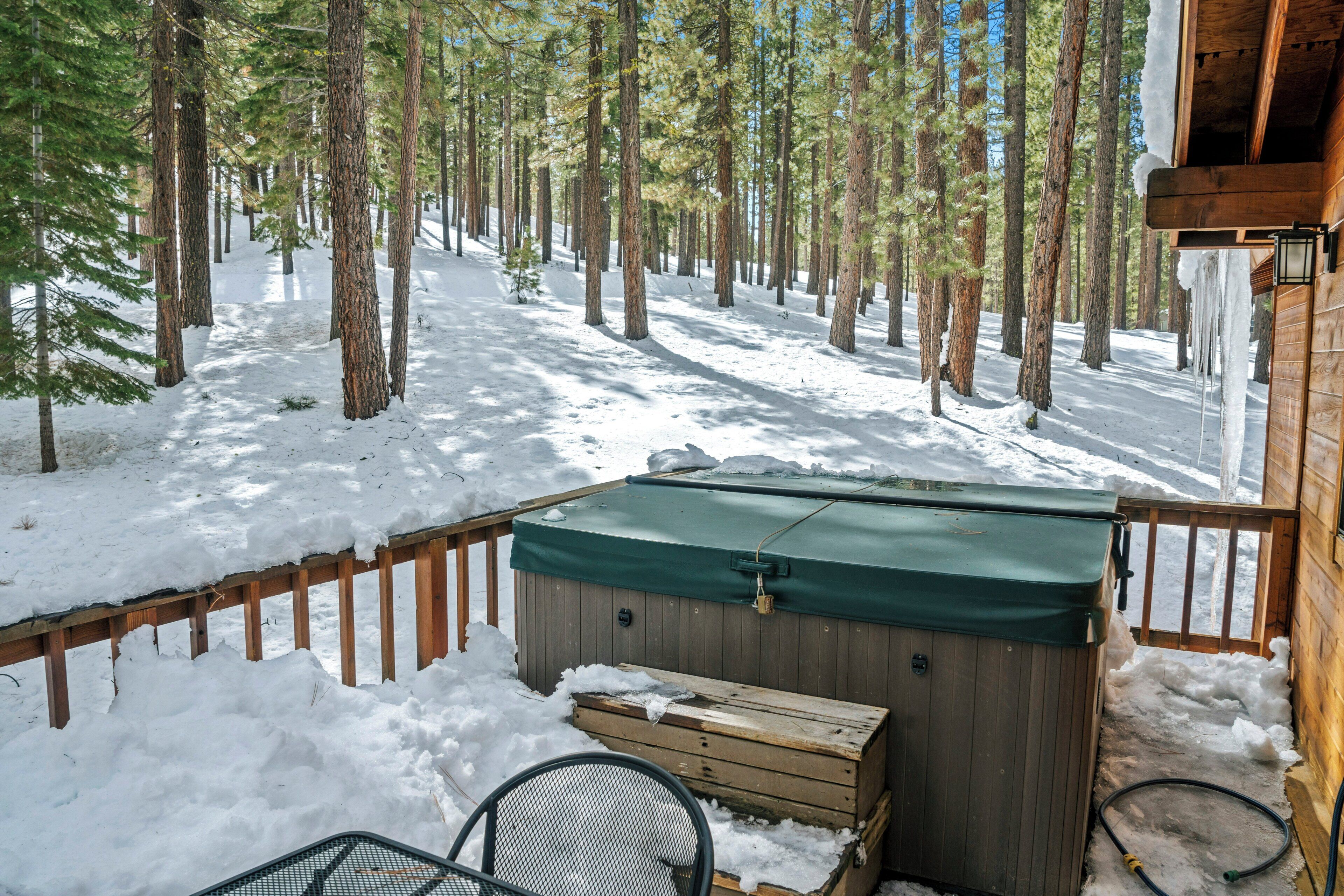 A wooden deck with a hot tub, surrounded by snow-covered ground and tall pine trees.