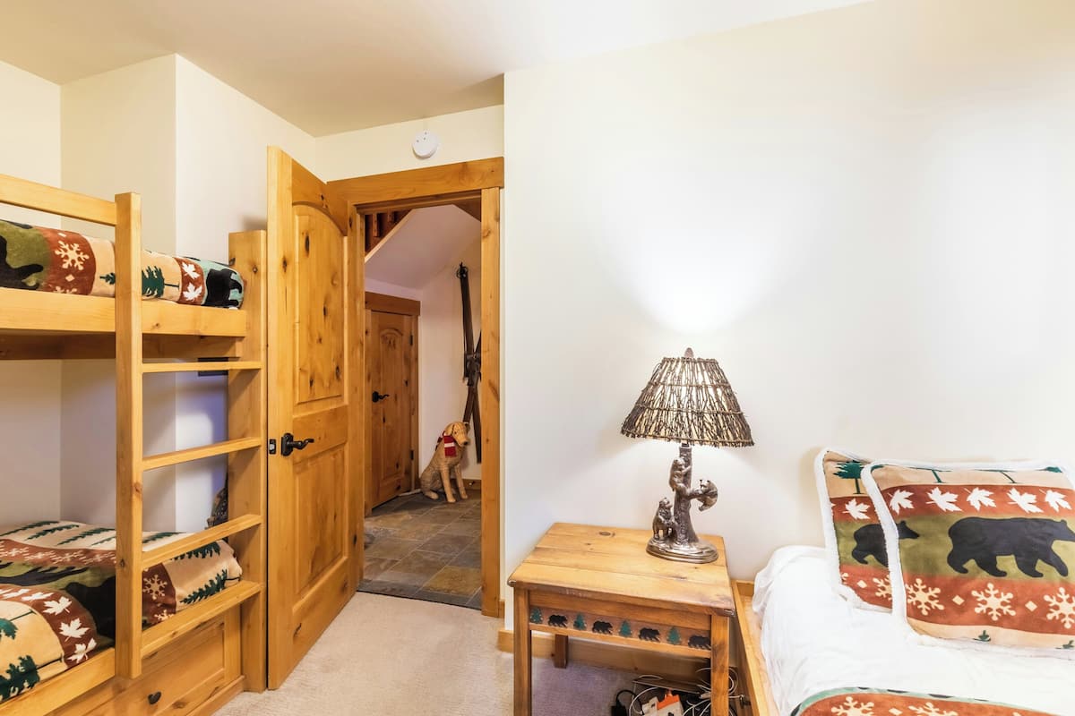 Una habitación acogedora con una cama litera, una mesita con una lámpara y un perro sentado en el pasillo.