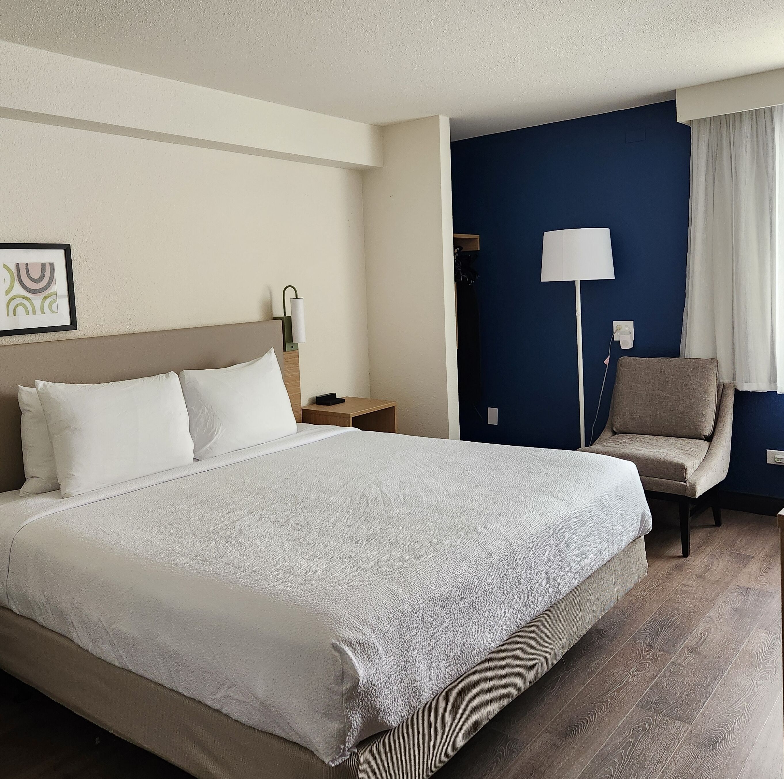 A hotel room with a large bed, a nightstand, a chair, a lamp, and a dark-colored wall.