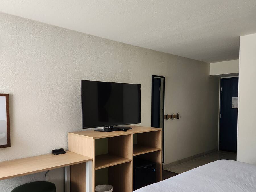 Una habitación de hotel con cama, escritorio con televisor, cesto de basura y puerta.