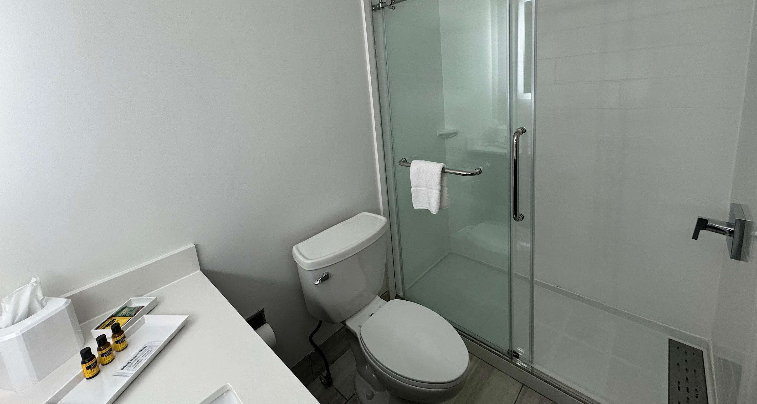 shower, rainfall showerhead, free toiletries, hair dryer