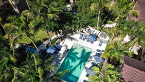 An aerial view of a resort with a swimming pool surrounded by palm trees and lounge chairs.