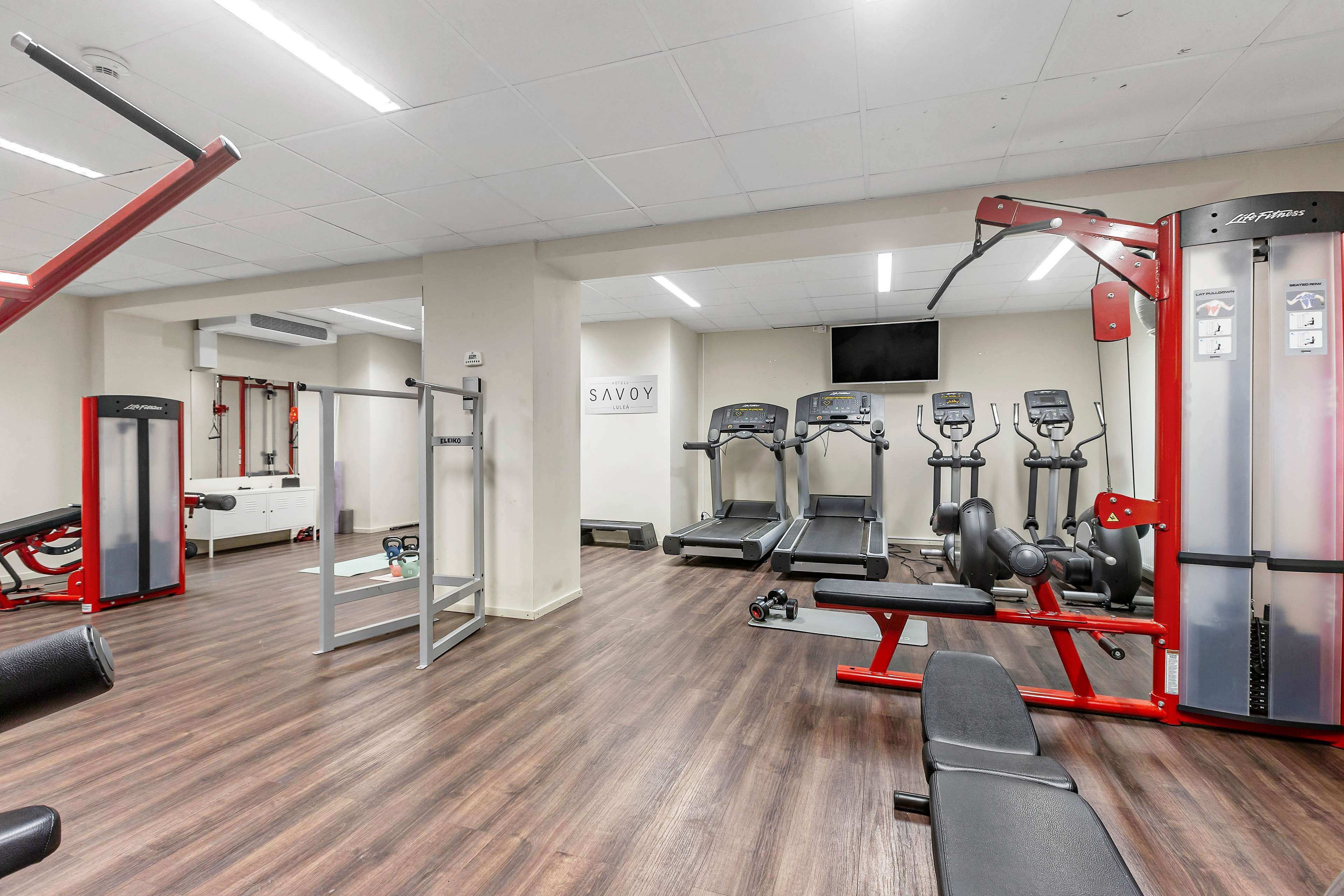 A gym with treadmills, weight machines, and a bench.