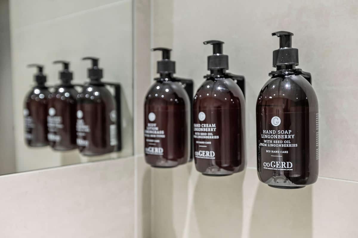 free toiletries, hair dryer, heated floors, towels