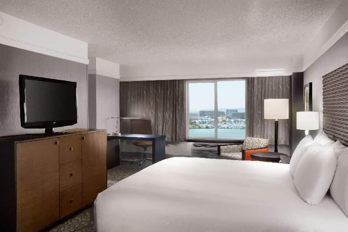 A hotel room with a large bed, a television on a wooden cabinet, a desk with a chair, a small sofa, and a view of the city through a large window.