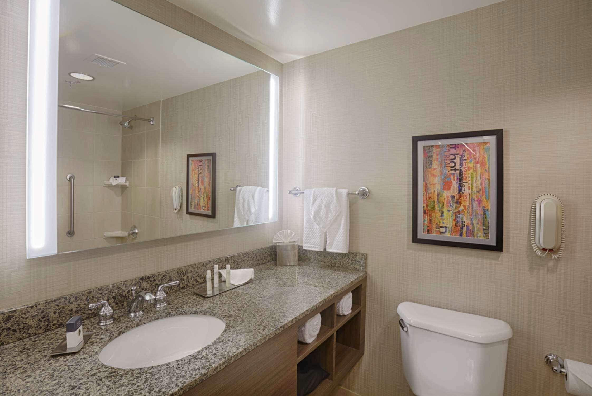 combined shower/bathtub, free toiletries, hair dryer, bathrobes