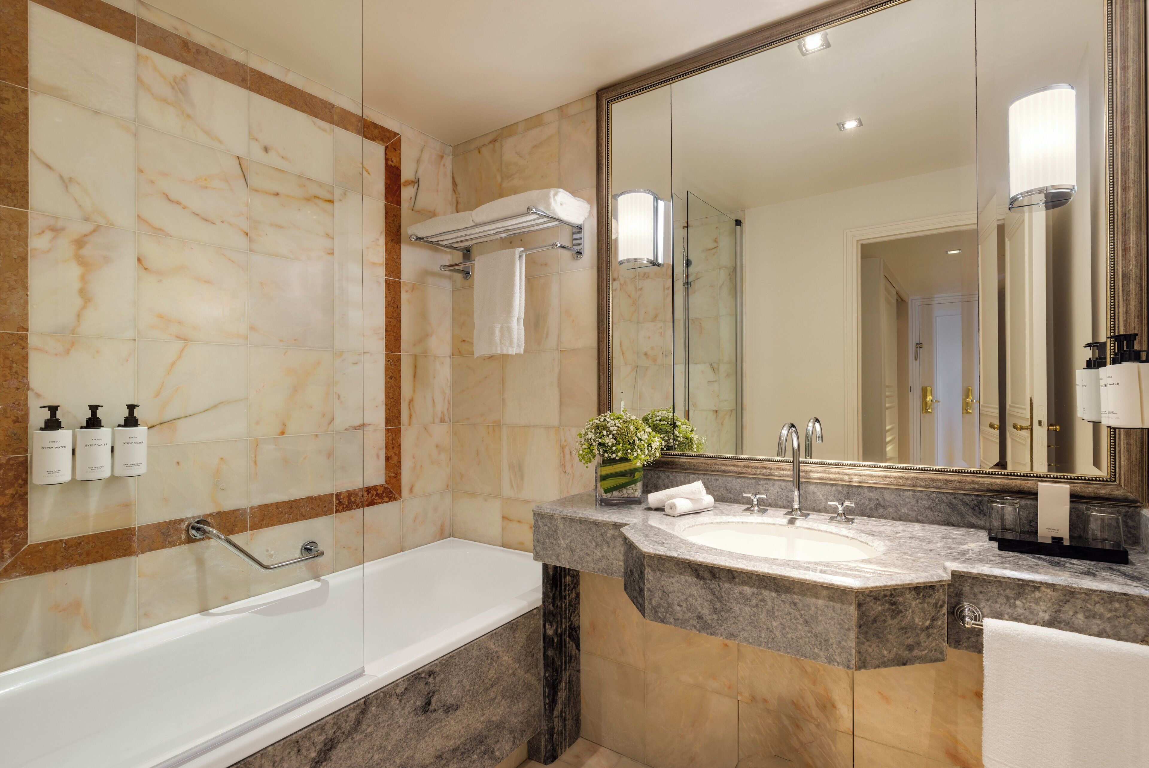 combined shower/bathtub, free toiletries, hair dryer, bathrobes