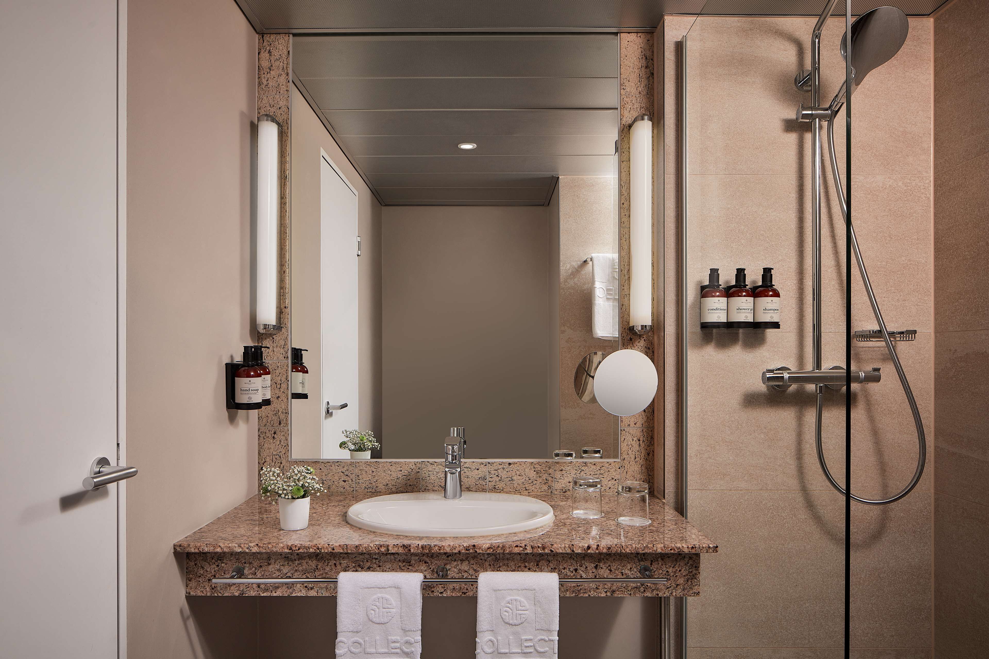 eco-friendly toiletries, hair dryer, towels