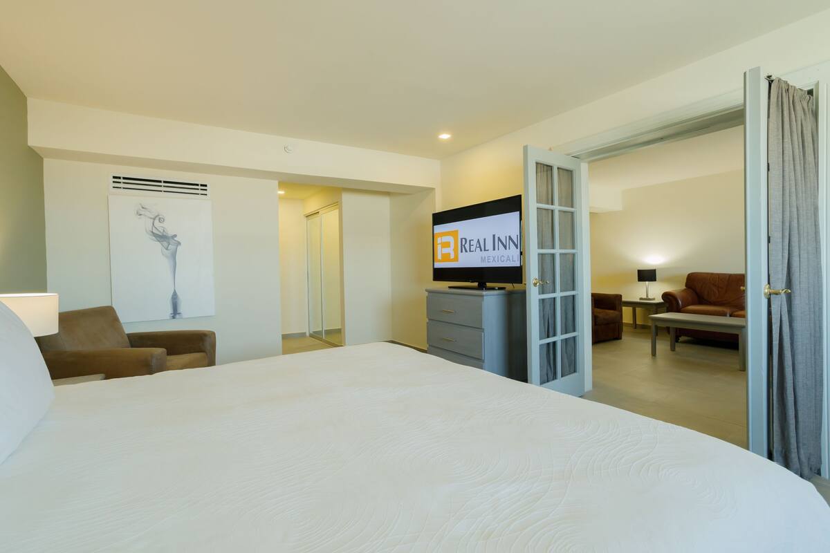 Una habitación de hotel con una cama grande, televisor, escritorio y sofá.