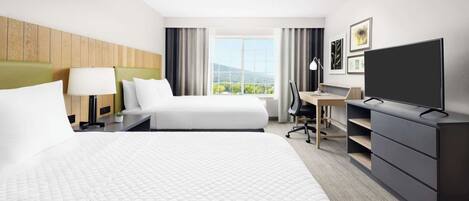 Habitación de hotel con dos camas, un escritorio, un televisor y vistas al exterior.