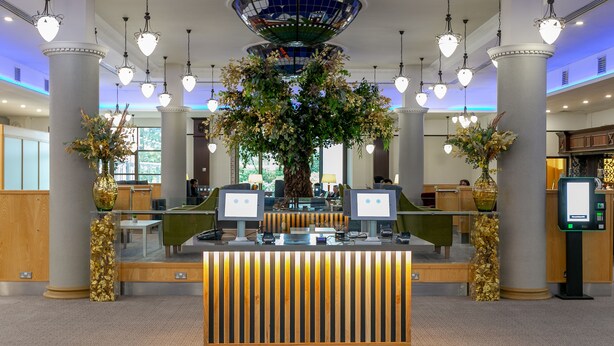 Zona de recepción con un mostrador central, múltiples monitores y una gran planta decorativa.