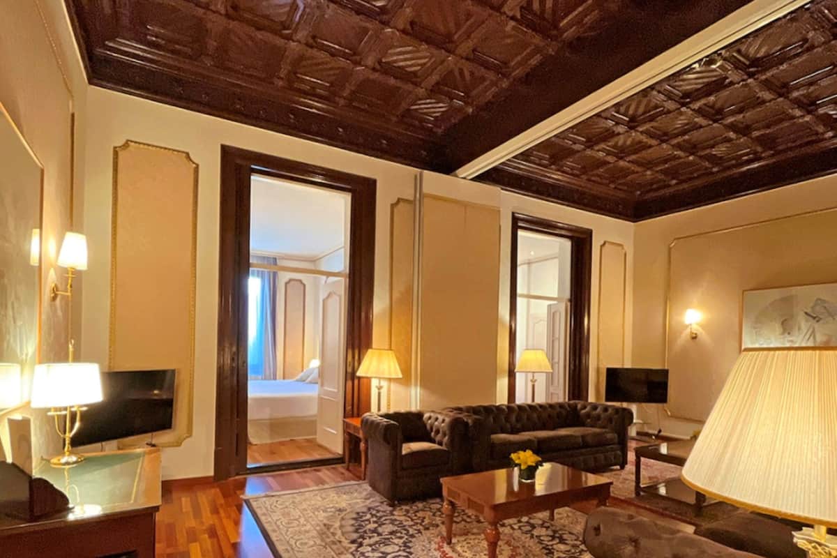 A spacious living room with a wooden floor, a large rug, and a dark ceiling. There are two sofas, a coffee table, and a TV.