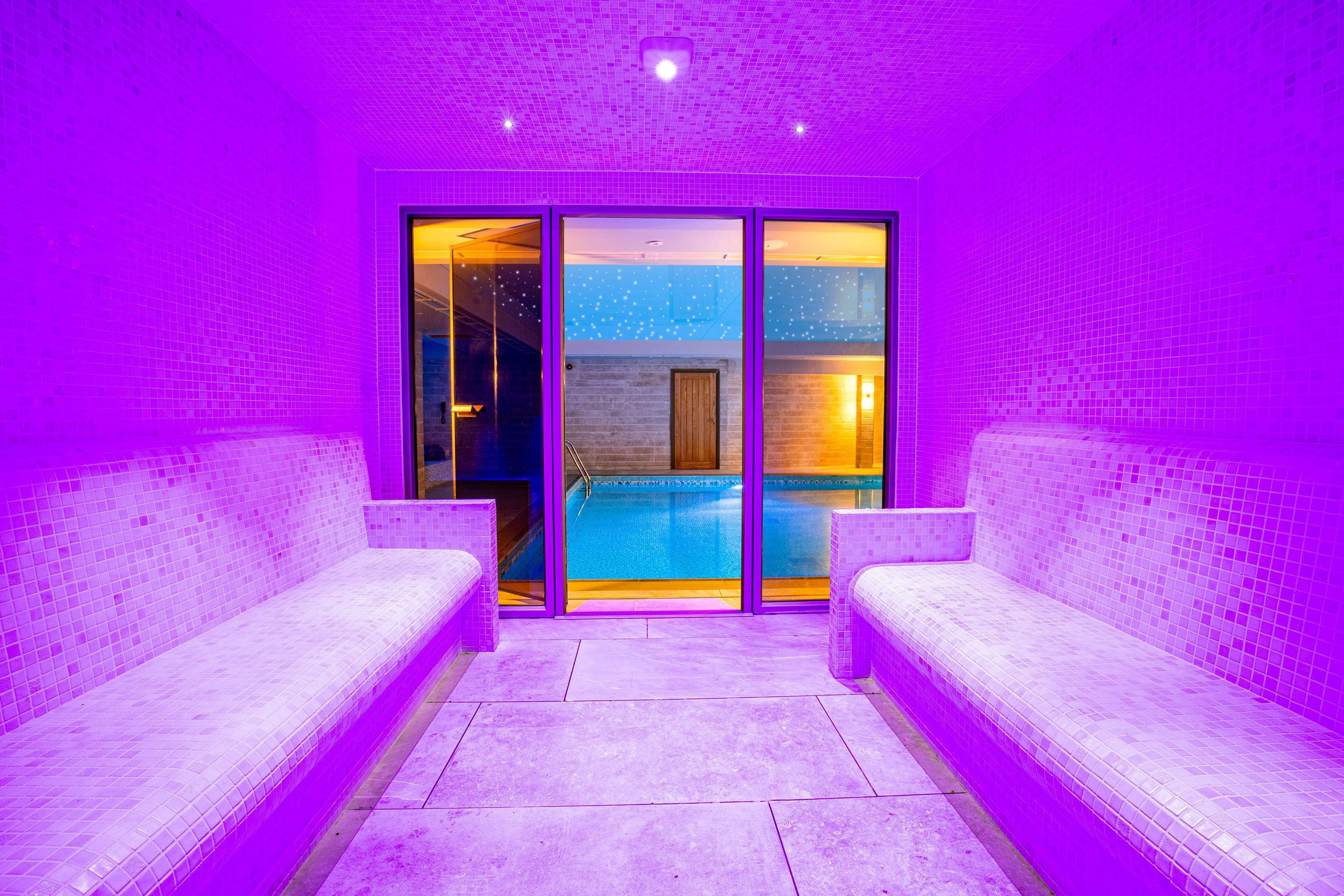 A room with a pool, two sofas, and a sliding glass door leading to the pool area.