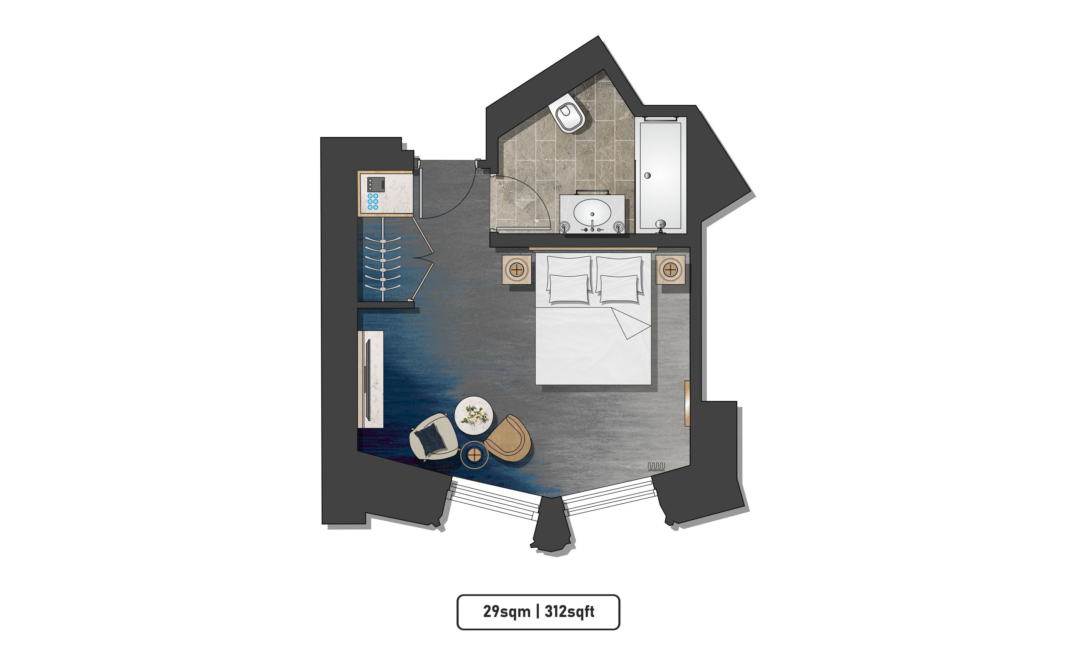 A hotel room layout with a bed, a bathroom, a seating area, and a small table.