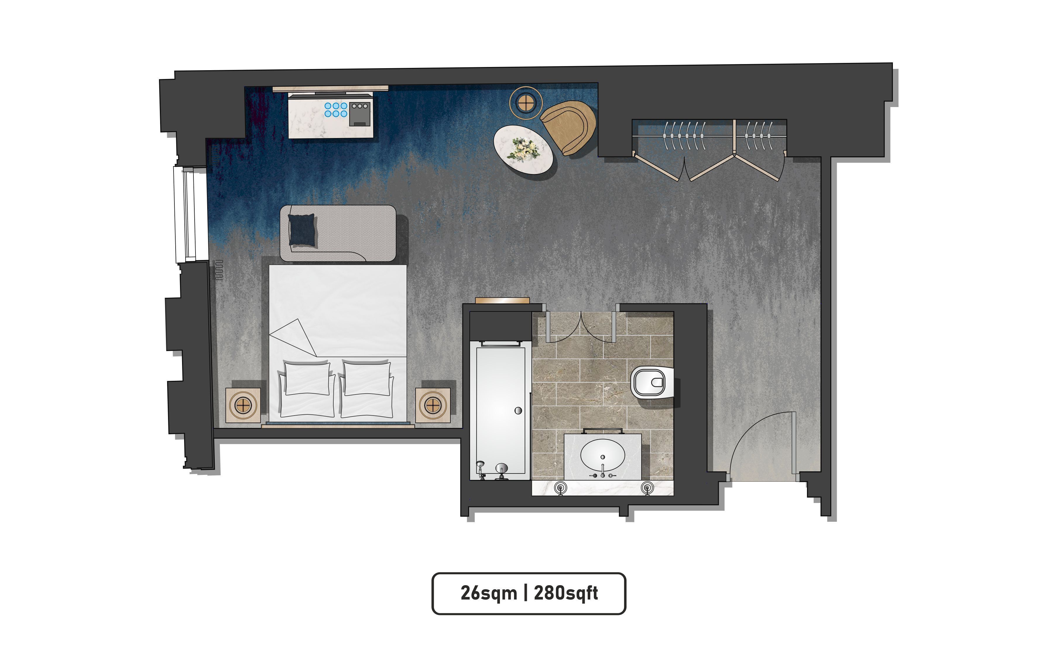 A 26sqm/280 sqft room layout with a kitchenette, a seating area, a bathroom, and a small table.