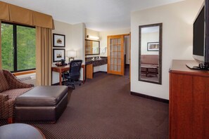 Desk, blackout drapes, iron/ironing board, bed sheets