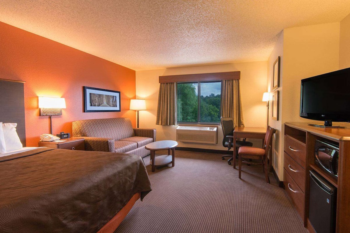 Ein Hotelzimmer mit einem Bett, einer Couch, einem Schreibtisch, einem Sessel, einem Fernseher und einem fenster mit Vorhängen.