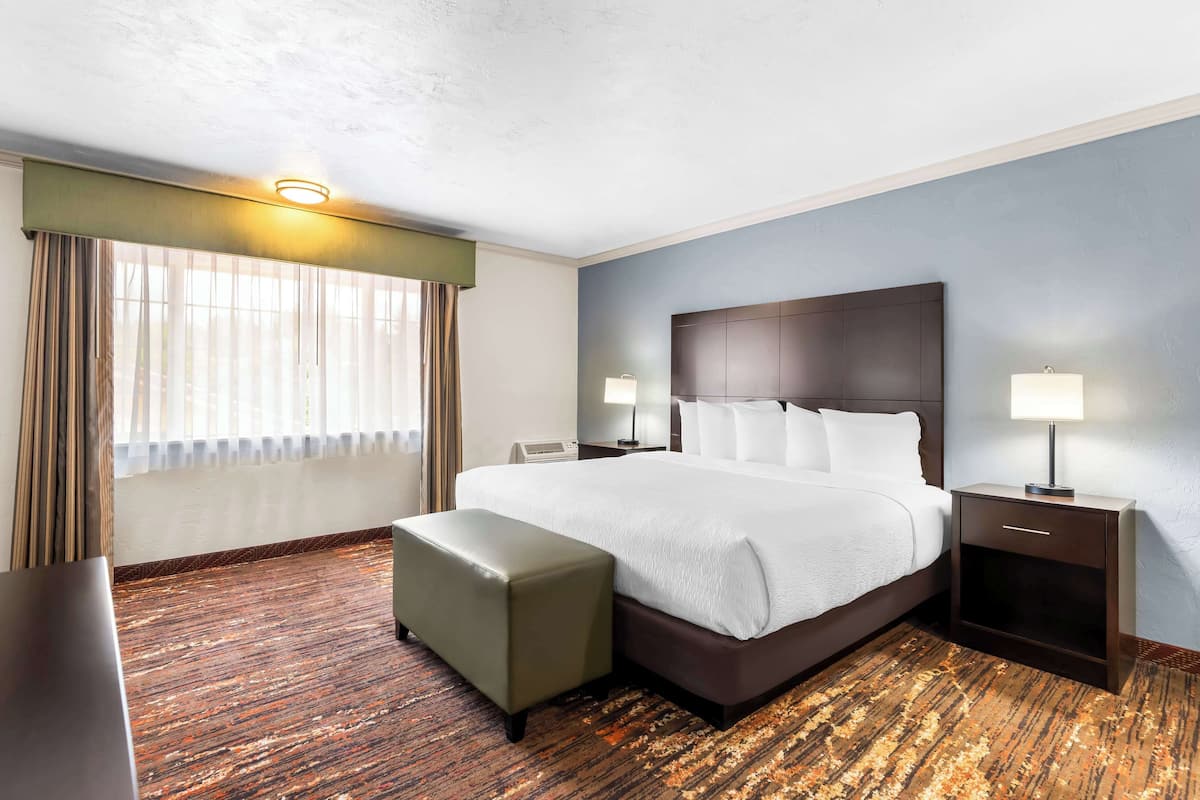 A hotel room with a large bed, two bedside tables with lamps, a bench, and a view of the city through large windows.