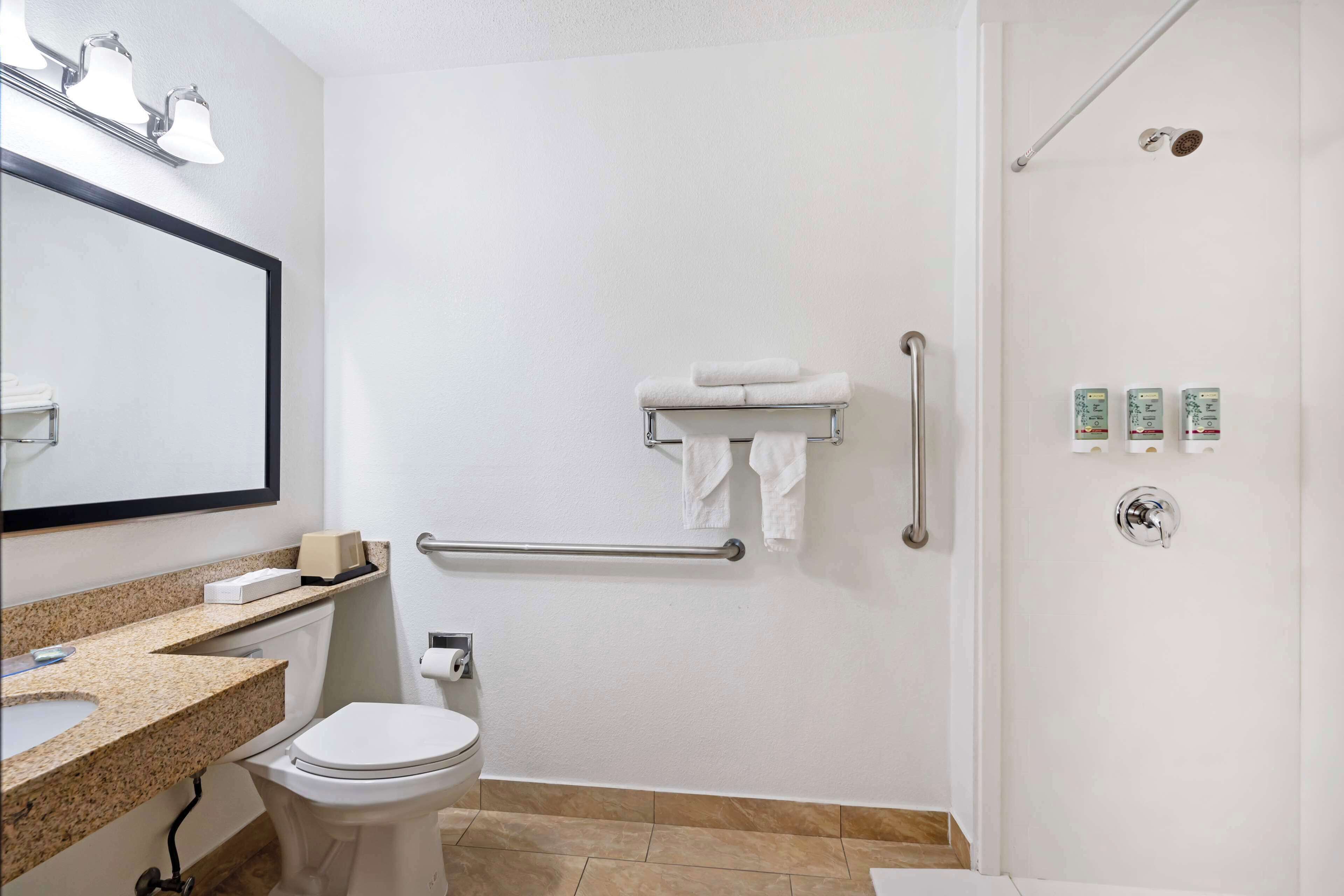 Baño con inodoro, lavamanos, toallero y ducha.
